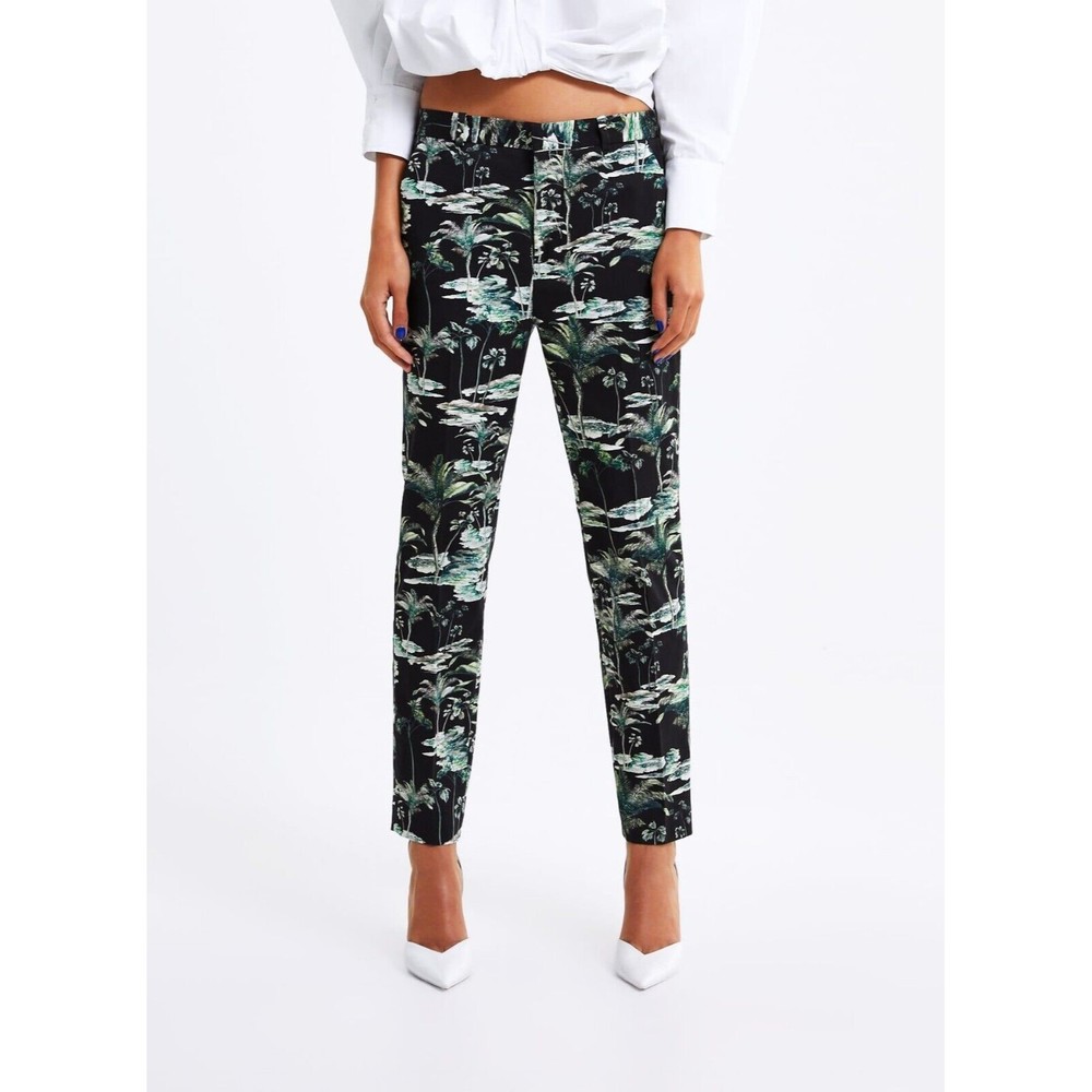 Zara Size S Palm Tree Print Trouser Pants Cropped Straight Leg Tropical Boho